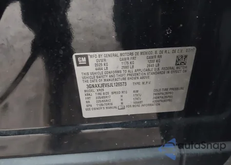 2018 Chevrolet Equinox Lt из США, поврежденный, VIN 3GNAXJEV9JL126573